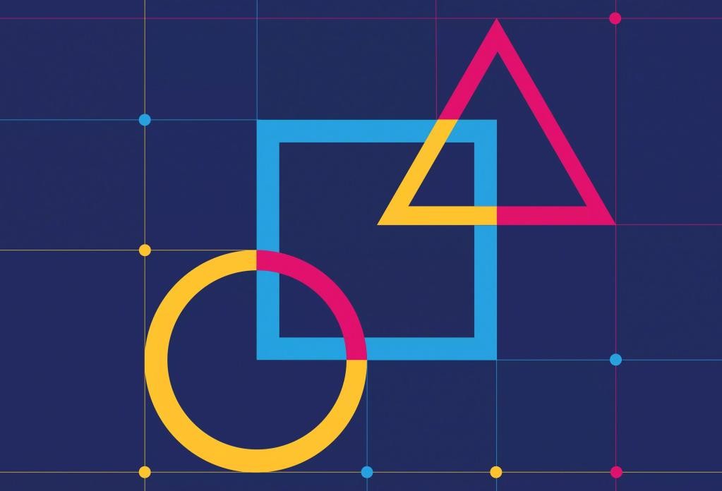 Centered on a blue background, overlapping outlines of a yellow circle, blue circle, and pink triangle
